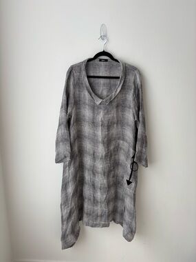 Ralston 100% Linen Lagenlook Tunic Dress Asymmetrical Oversized Gray Pocket S